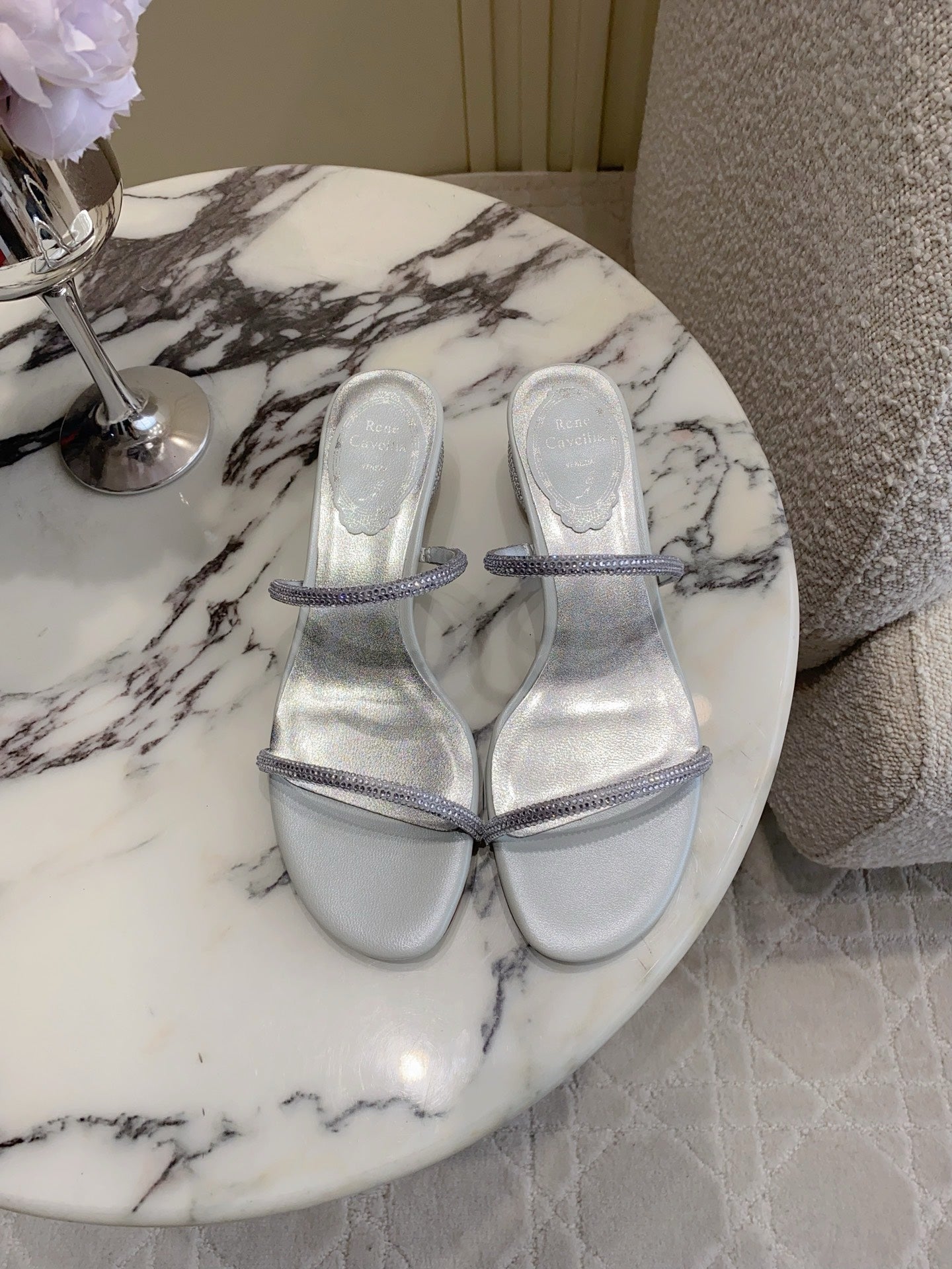 RENE CAOVILLA 26S HIGH-HEELED SANDALS 45 MM IN SILVER LAMBSKIN