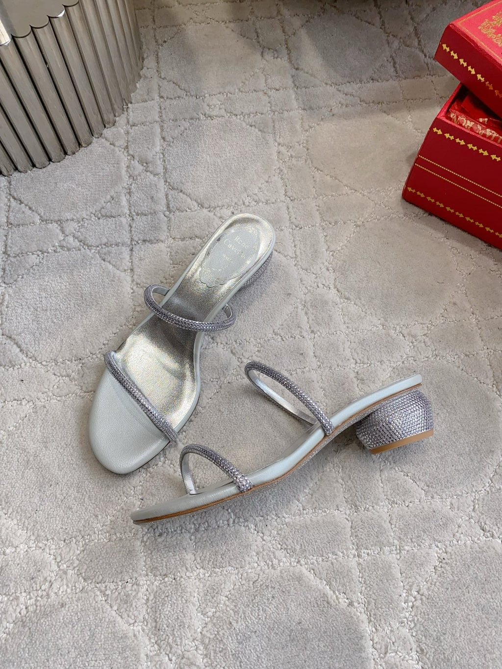 RENE CAOVILLA 26S HIGH-HEELED SANDALS 45 MM IN SILVER LAMBSKIN
