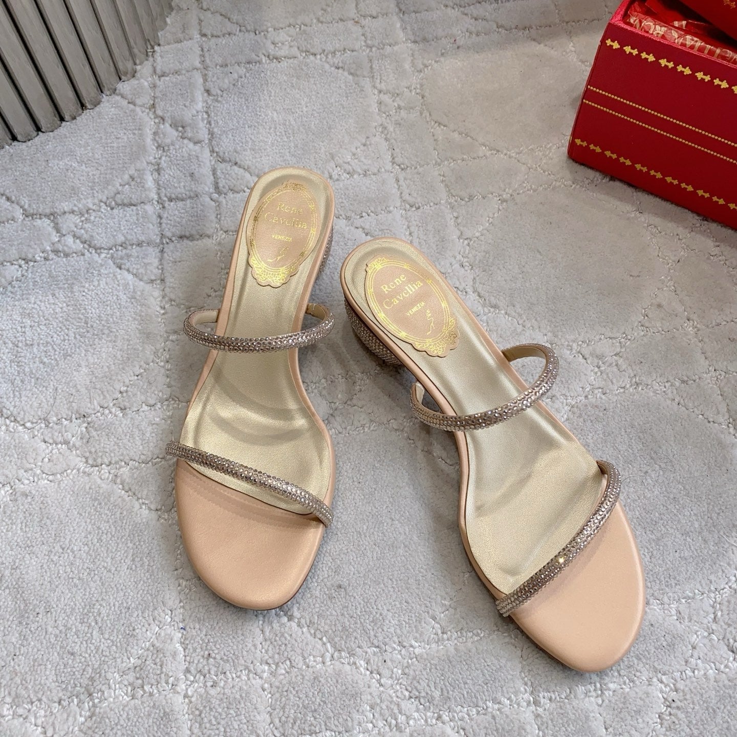 RENE CAOVILLA 26S HIGH-HEELED SANDALS 45 MM IN BEIGE LAMBSKIN