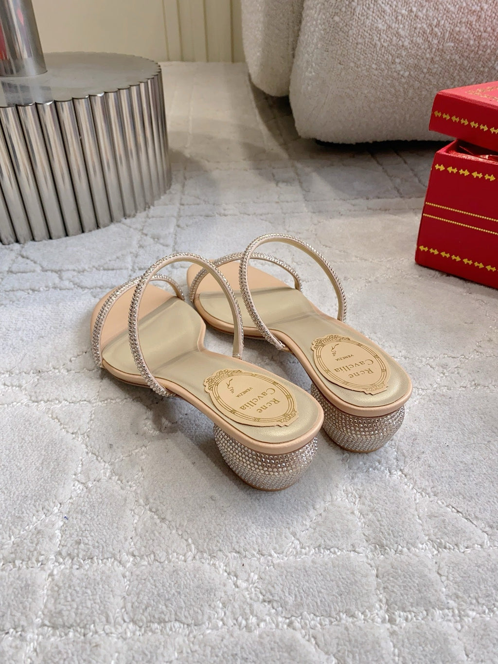 RENE CAOVILLA 26S HIGH-HEELED SANDALS 45 MM IN BEIGE LAMBSKIN