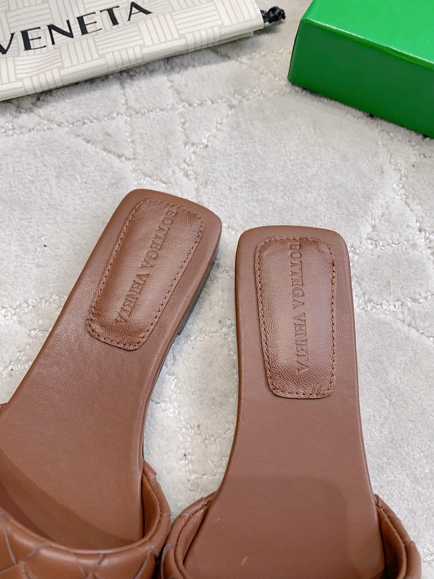 BOTTEGA VENETA 26S SQUARE-TOE SLIDE SANDALS IN BROWN LAMBSKIN