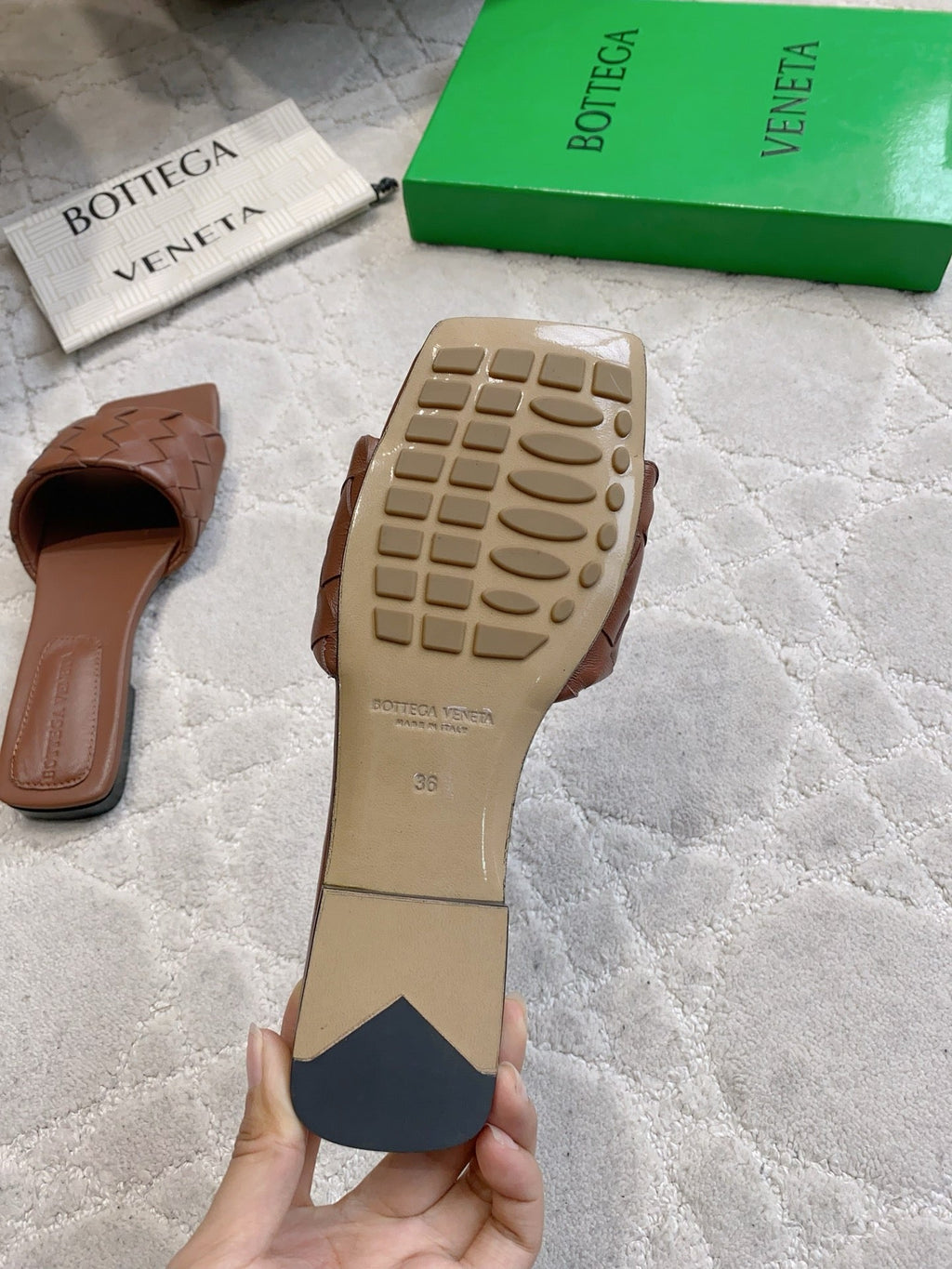 BOTTEGA VENETA 26S SQUARE-TOE SLIDE SANDALS IN BROWN LAMBSKIN