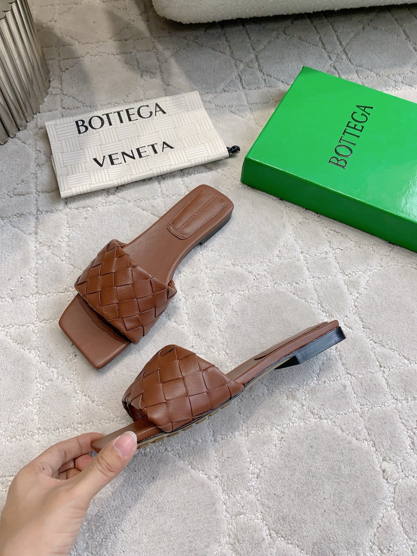 BOTTEGA VENETA 26S SQUARE-TOE SLIDE SANDALS IN BROWN LAMBSKIN