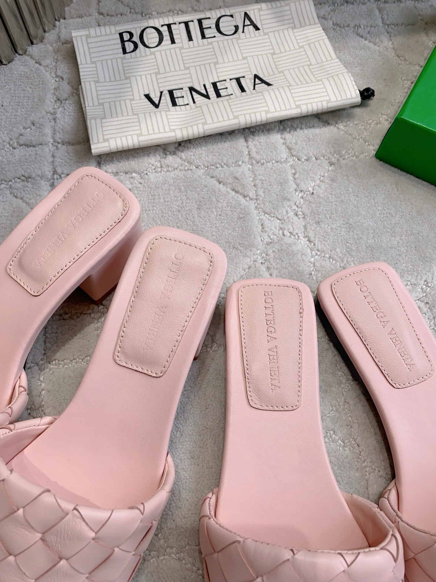 BOTTEGA VENETA 26S SQUARE-TOE SLIDE SANDALS IN PASTEL PINK LAMBSKIN