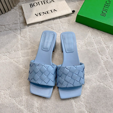 BOTTEGA VENETA 26S SQUARE-TOE HIGH-HEEL SANDALS 50 MM IN BLUE LAMBSKIN