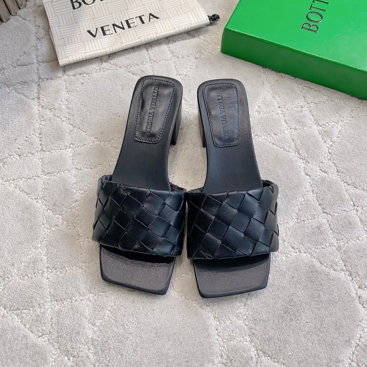 BOTTEGA VENETA 26S SQUARE-TOE HIGH-HEEL SANDALS 50 MM IN BLACK LAMBSKIN