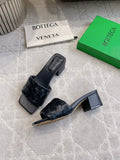 BOTTEGA VENETA 26S SQUARE-TOE HIGH-HEEL SANDALS 50 MM IN BLACK LAMBSKIN