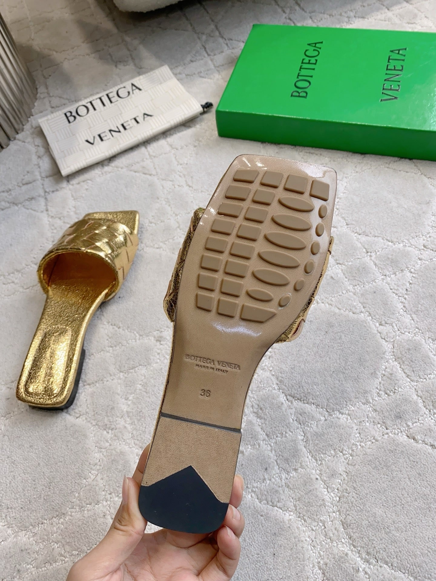 BOTTEGA VENETA 26S SQUARE-TOE SLIDE SANDALS IN GOLD LAMBSKIN