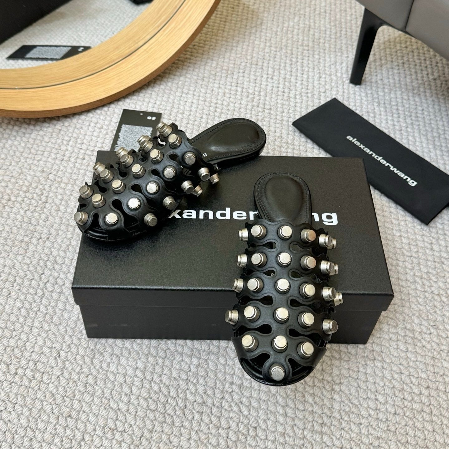 RHODES STUDDED REXA CAGE SLIDE IN BLACK LAMBSKIN