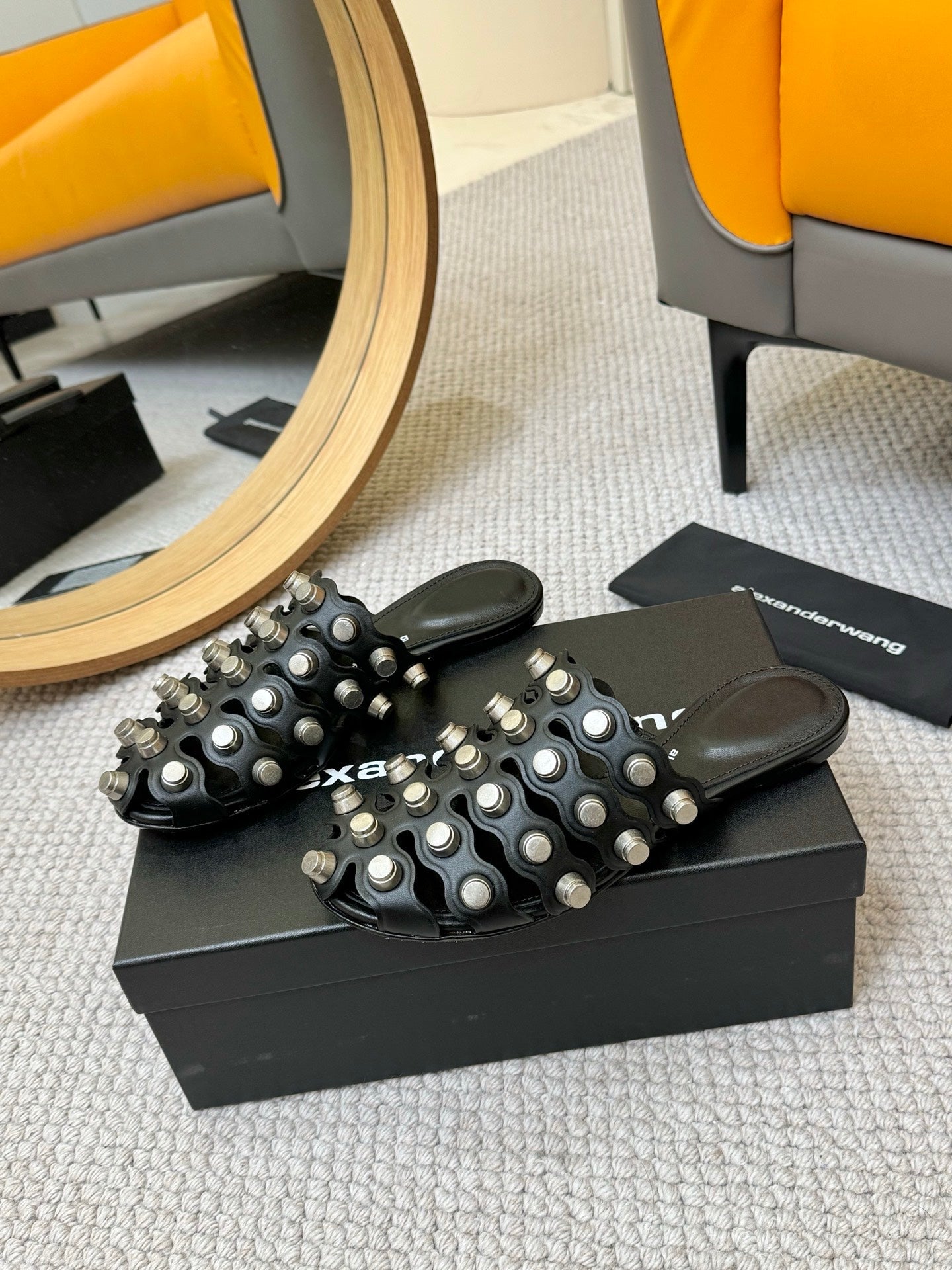 RHODES STUDDED REXA CAGE SLIDE IN BLACK LAMBSKIN