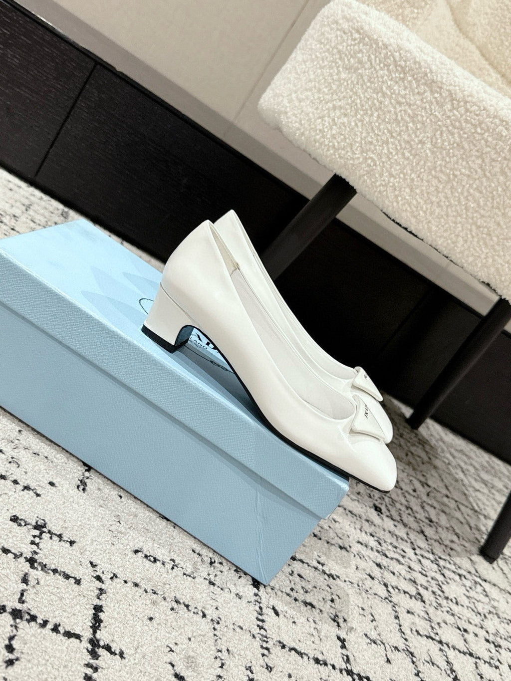 PRADA 25S SQUARE TOE HIGH HEELS IN WHITE PATENT CALFSKIN