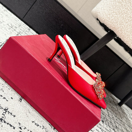 ROGER VIVIER 25S EFFLORESCENCE MULES 65MM IN BRIGHT RED SATIN EMBELLISHED CRYSTALS