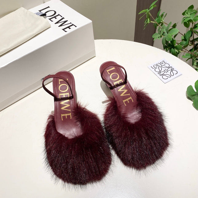 LOEWE 26S OPEN-BACK HIGH HEELS 60MM IN WINE RED CALFSKIN WITH FUR