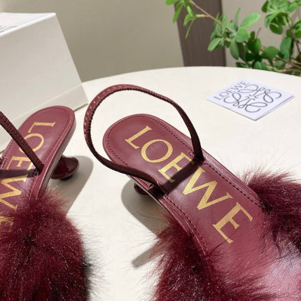 LOEWE 26S OPEN-BACK HIGH HEELS 60MM IN WINE RED CALFSKIN WITH FUR