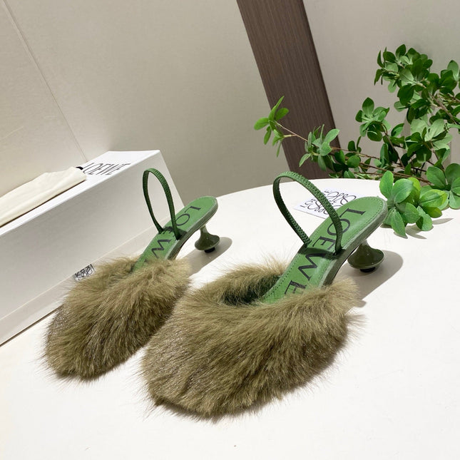 LOEWE 26S OPEN-BACK HIGH HEELS 60MM IN GREEN CALFSKIN WITH FUR