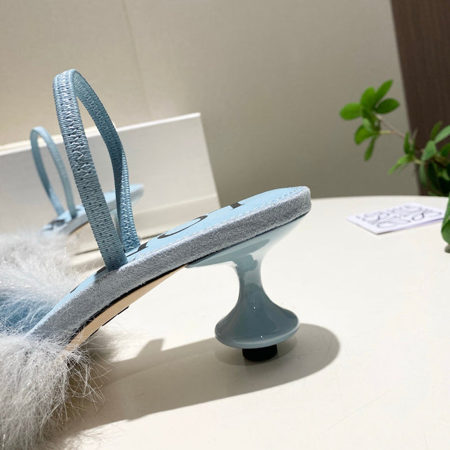 LOEWE 26S OPEN-BACK HIGH HEELS 60MM IN LIGHT BLUE CALFSKIN WITH FUR