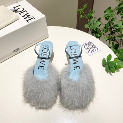 LOEWE 26S OPEN-BACK HIGH HEELS 60MM IN LIGHT BLUE CALFSKIN WITH FUR