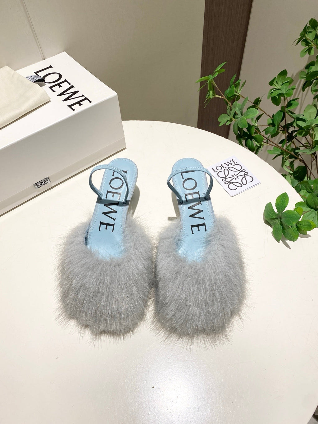LOEWE 26S OPEN-BACK HIGH HEELS 60MM IN LIGHT BLUE CALFSKIN WITH FUR