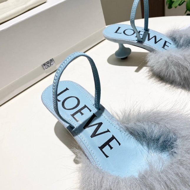 LOEWE 26S OPEN-BACK HIGH HEELS 60MM IN LIGHT BLUE CALFSKIN WITH FUR