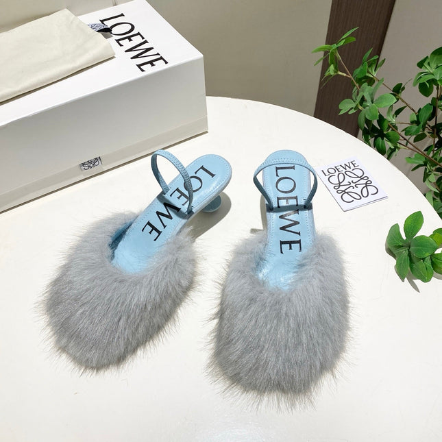 LOEWE 26S OPEN-BACK HIGH HEELS 60MM IN LIGHT BLUE CALFSKIN WITH FUR