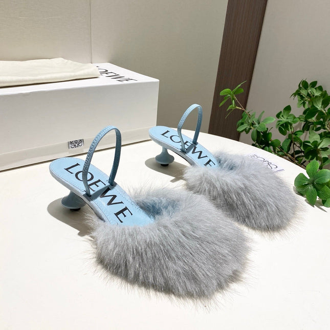 LOEWE 26S OPEN-BACK HIGH HEELS 60MM IN LIGHT BLUE CALFSKIN WITH FUR