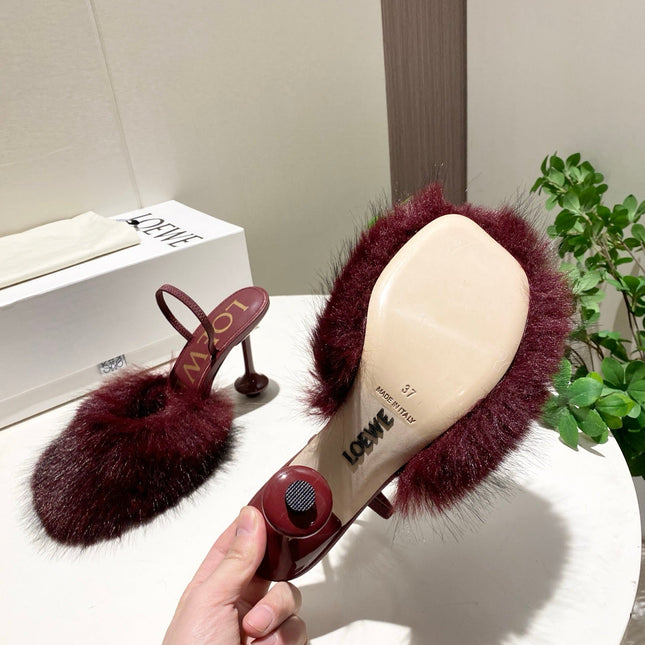 LOEWE 26S OPEN-BACK HIGH HEELS 100MM IN WINE RED CALFSKIN WITH FUR