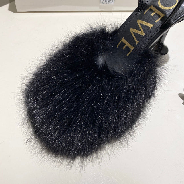LOEWE 26S OPEN-BACK HIGH HEELS 100MM IN BLACK CALFSKIN WITH FUR