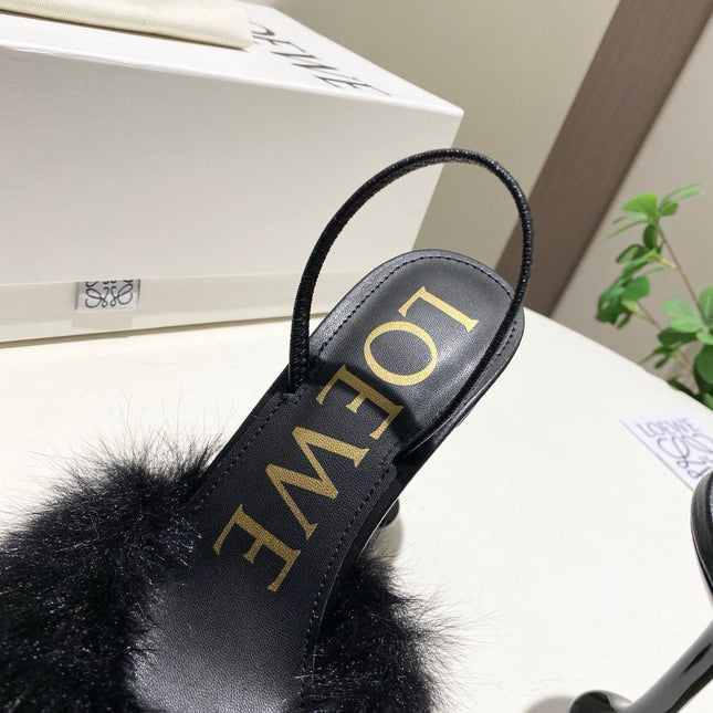 LOEWE 26S OPEN-BACK HIGH HEELS 100MM IN BLACK CALFSKIN WITH FUR