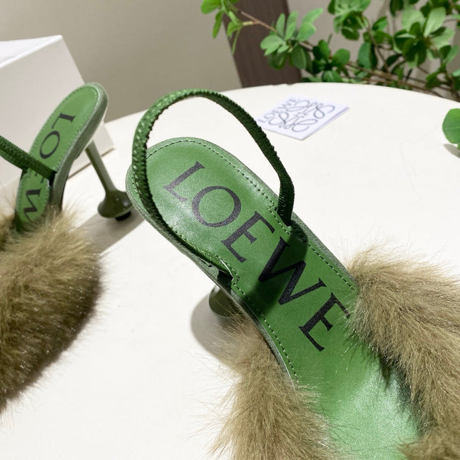 LOEWE 26S OPEN-BACK HIGH HEELS 100MM IN GREEN CALFSKIN WITH FUR