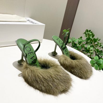 LOEWE 26S OPEN-BACK HIGH HEELS 100MM IN GREEN CALFSKIN WITH FUR
