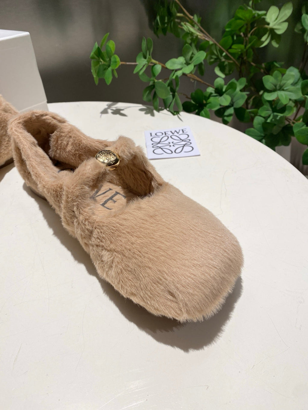LOEWE 26S BALLET FLATS IN BEIGE SHEARLING