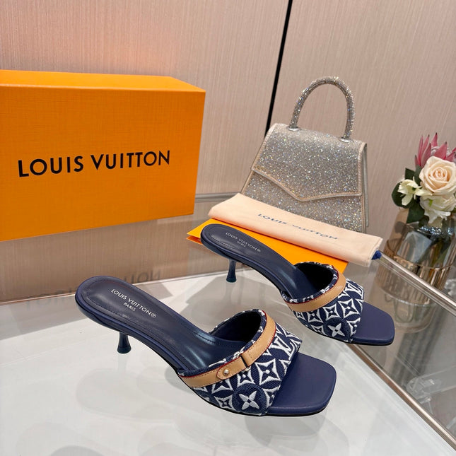 LV 26S HIGH-HEELED MULES 55 MM IN DARK BLUE AND WHITE EMBROIDERED MONOGRAM CANVAS
