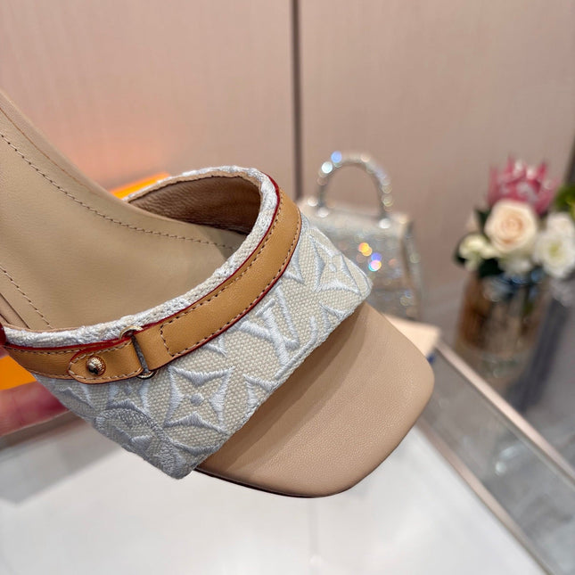 LV 26S HIGH-HEELED MULES 55 MM IN BEIGE CALFSKIN AND WHITE EMBROIDERED MONOGRAM CANVAS