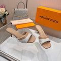 LV 26S HIGH-HEELED MULES 55 MM IN BEIGE CALFSKIN AND WHITE EMBROIDERED MONOGRAM CANVAS