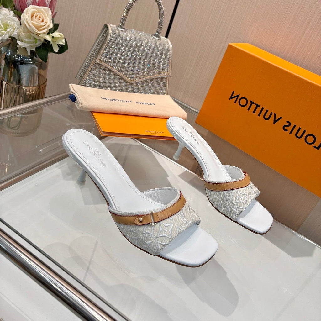LV 26S HIGH-HEELED MULES 55 MM IN PALE BLUE GRAY EMBROIDERED MONOGRAM CANVAS