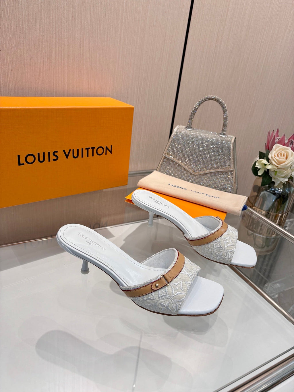 LV 26S HIGH-HEELED MULES 55 MM IN PALE BLUE GRAY EMBROIDERED MONOGRAM CANVAS