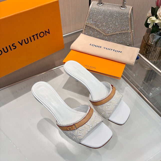 LV 26S HIGH-HEELED MULES 55 MM IN PALE BLUE GRAY EMBROIDERED MONOGRAM CANVAS