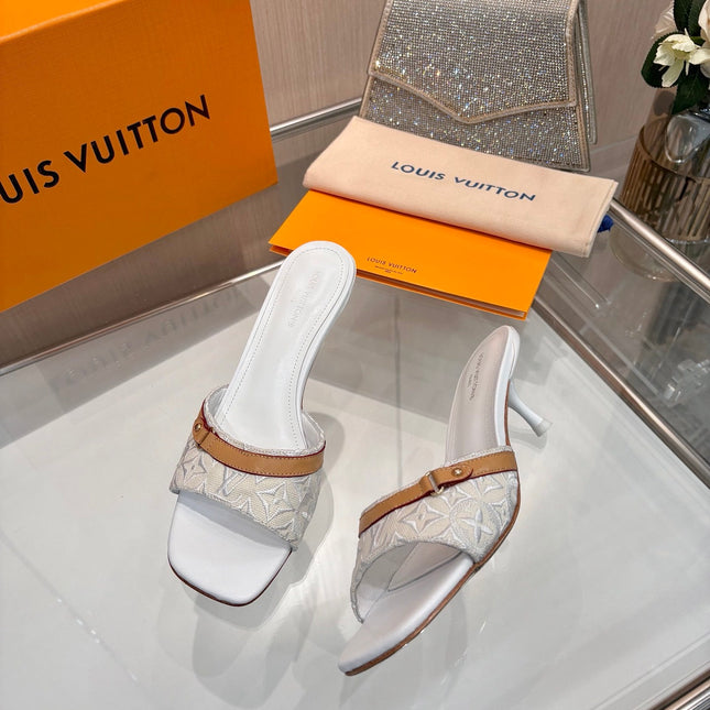 LV 26S HIGH-HEELED MULES 55 MM IN PALE BLUE GRAY EMBROIDERED MONOGRAM CANVAS