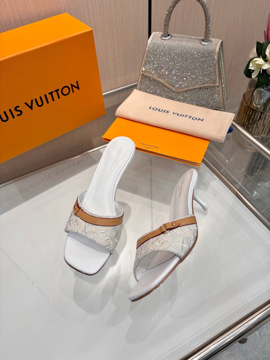 LV 26S HIGH-HEELED MULES 55 MM IN PALE BLUE GRAY EMBROIDERED MONOGRAM CANVAS