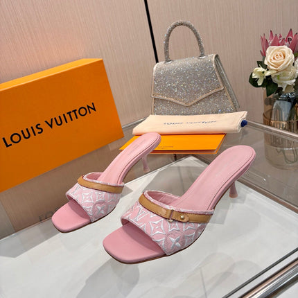 LV 26S HIGH-HEELED MULES 55 MM IN PINK EMBROIDERED MONOGRAM CANVAS