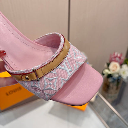 LV 26S HIGH-HEELED MULES 55 MM IN PINK EMBROIDERED MONOGRAM CANVAS