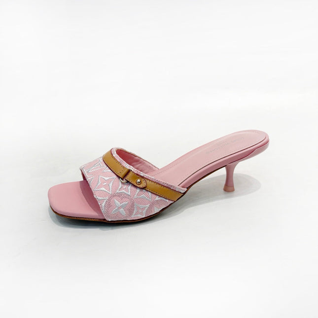LV 26S HIGH-HEELED MULES 55 MM IN PINK EMBROIDERED MONOGRAM CANVAS