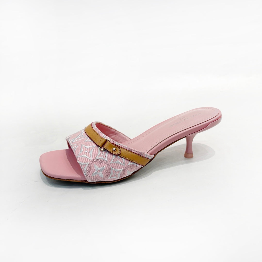 LV 26S HIGH-HEELED MULES 55 MM IN PINK EMBROIDERED MONOGRAM CANVAS