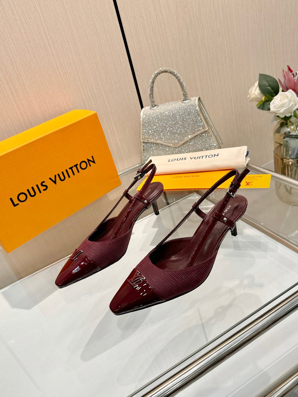 LV 26S SLINGBACK PUMPS 55 MM IN DARK RED FABRIC AND CALFSKIN