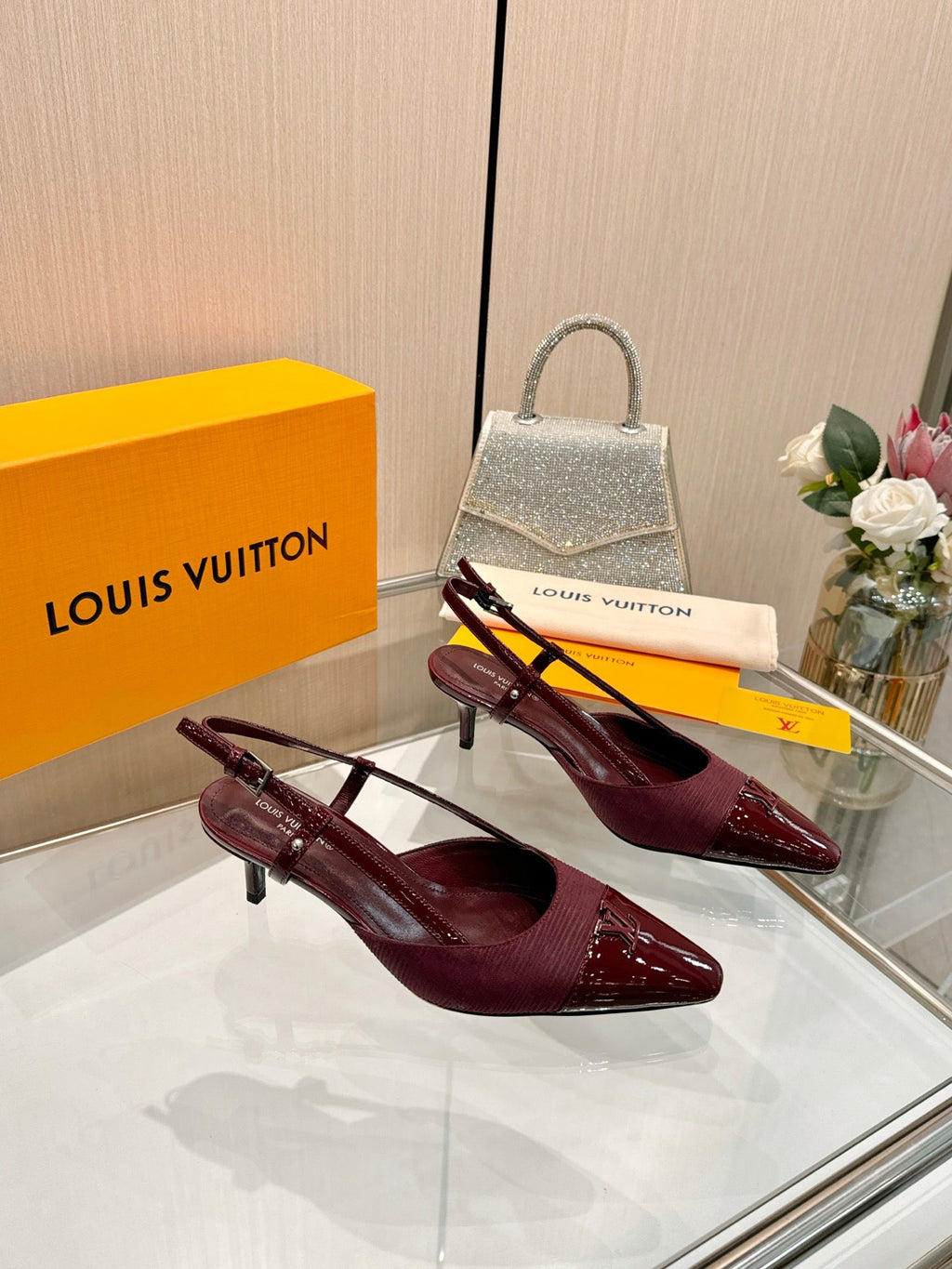 LV 26S SLINGBACK PUMPS 55 MM IN DARK RED FABRIC AND CALFSKIN