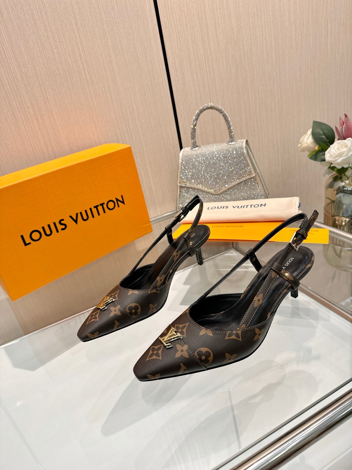 LV 26S SLINGBACK PUMPS 55 MM IN DARK BROWN COATED CANVAS
