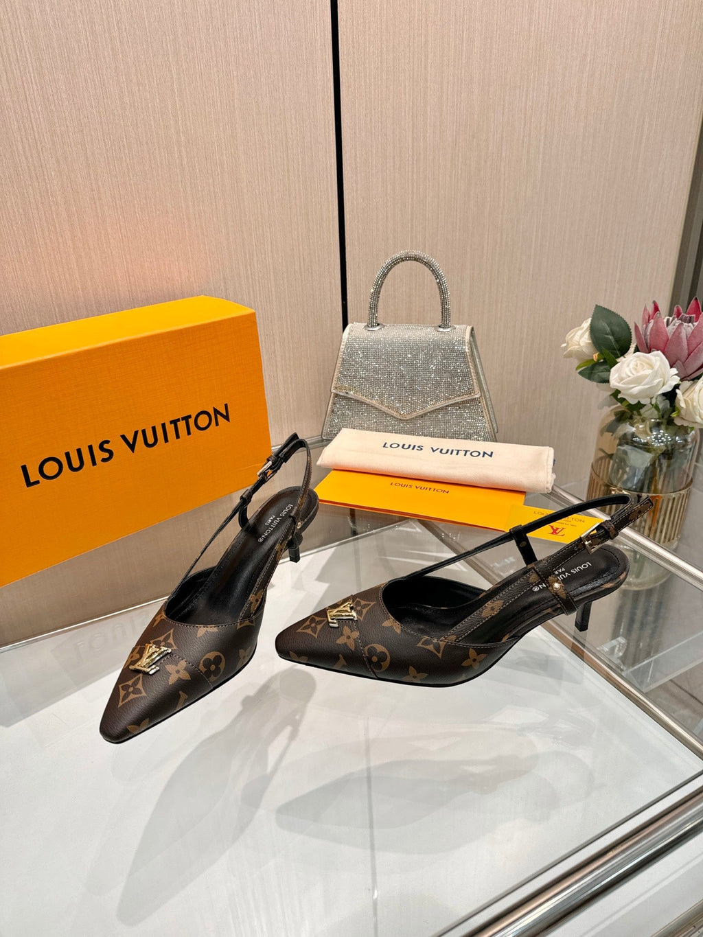 LV 26S SLINGBACK PUMPS 55 MM IN DARK BROWN COATED CANVAS