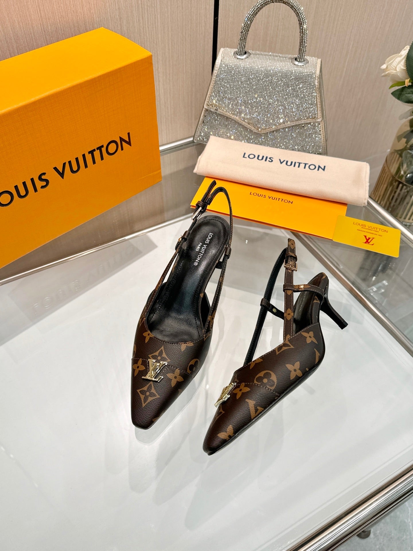 LV 26S SLINGBACK PUMPS 55 MM IN DARK BROWN COATED CANVAS