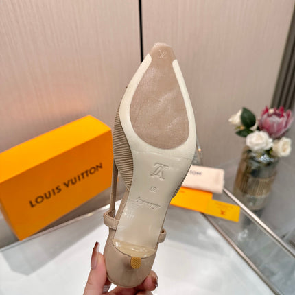 LV 26S SLINGBACK PUMPS 55 MM IN BEIGE BROWN FABRIC AND CALFSKIN