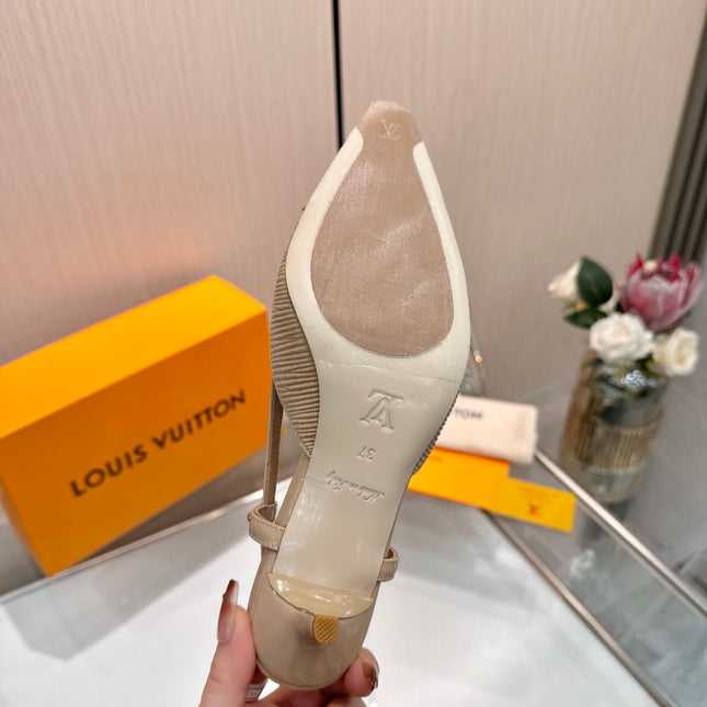 LV 26S SLINGBACK PUMPS 55 MM IN BEIGE BROWN FABRIC AND CALFSKIN